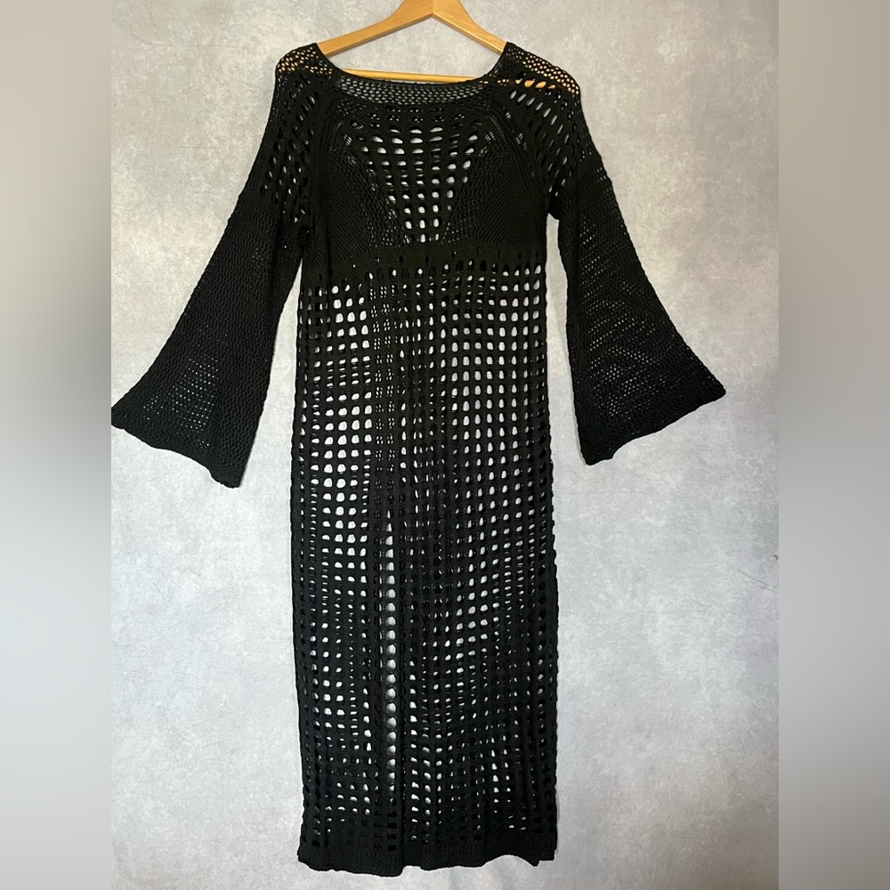 Crochet Dress SzS Black Open Knit Swim Cover Coachella Whimsygoth Gothic Witchy